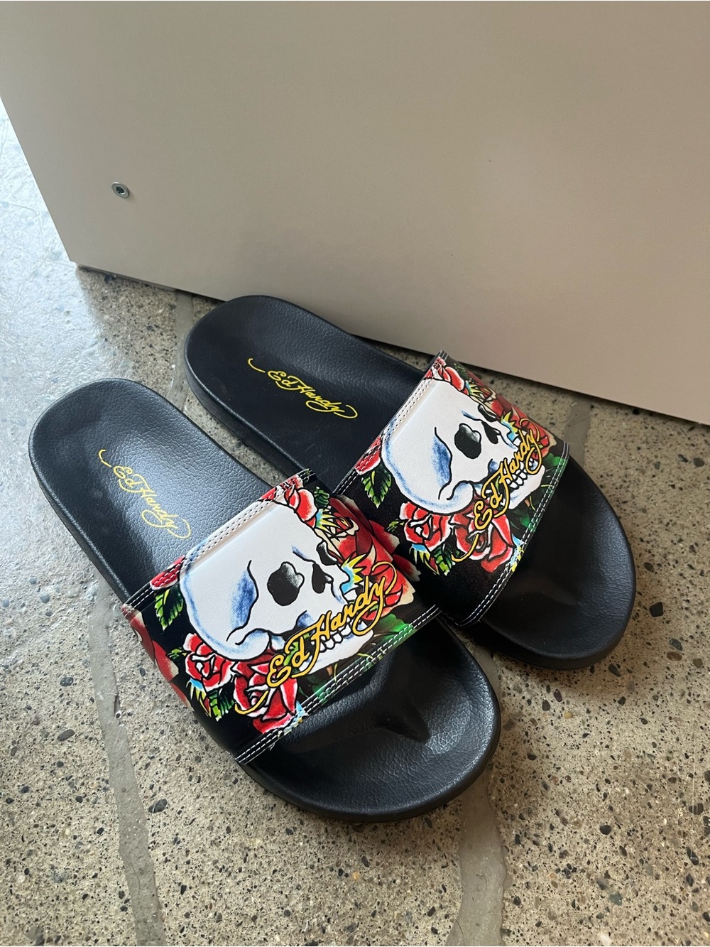 Ed Hardy Black Slides with White Skull and Red Rose Graphic